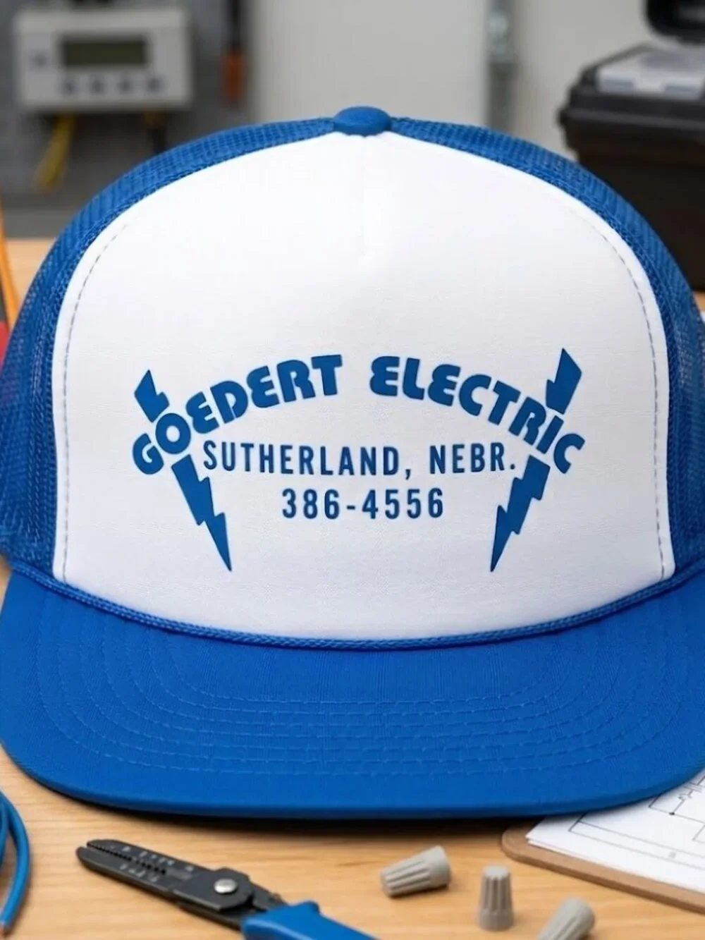 Retro Goedert Electric Foam Trucker Hat Blue White Rope Snapback Cap New 80s USA